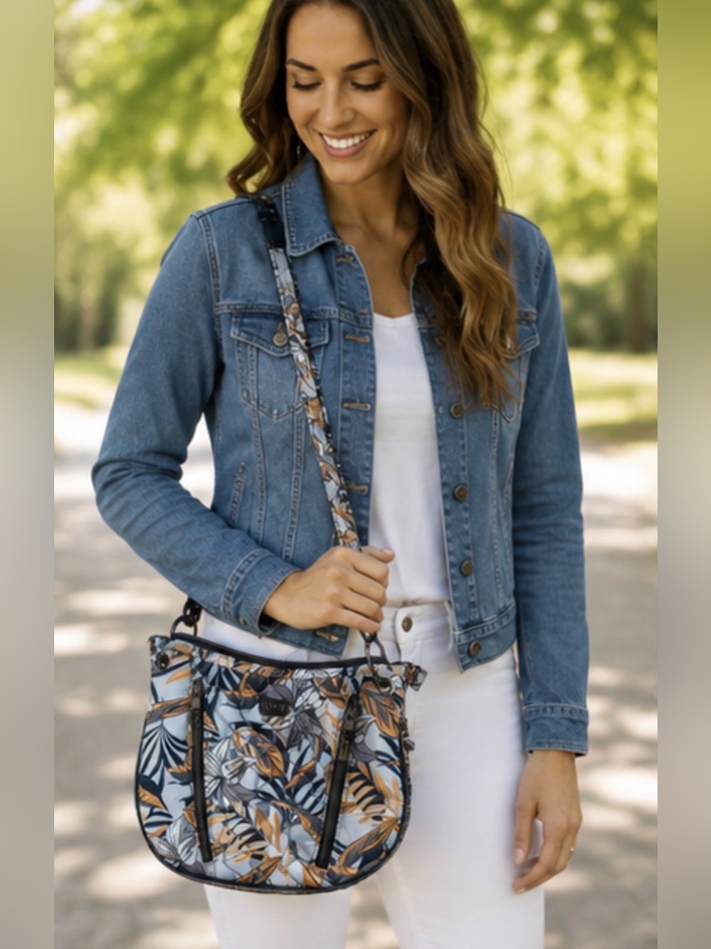 lug Floral Shoulder Bag in Blue and Tan